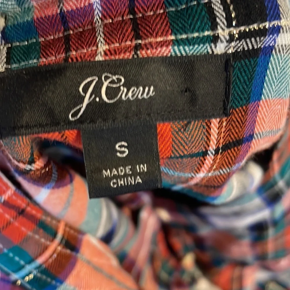 J. Crew women’s plaid pattern blouse top cotton ruffle, metallic accent relax S